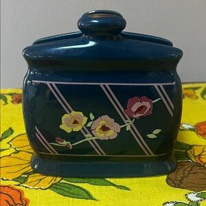 Vintage Sarma Studio Lattice Rose Napkin Holder Japan Floral Teal Ceramic